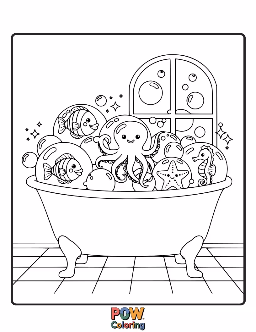Free coloring page of Fish joyfully play in a bubbly, effervescent aquarium filled with shimmering spheres. A fun and refreshing underwater scene.