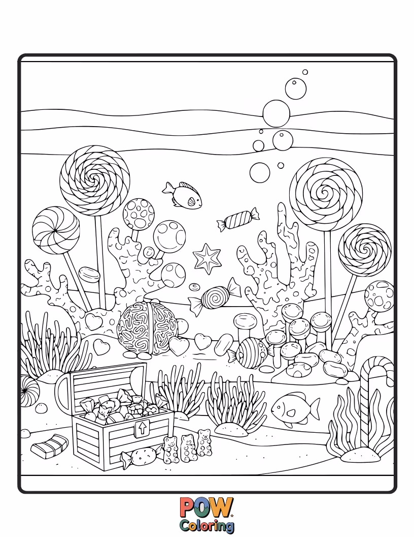 Free coloring page of Fish explore a coral reef made of colorful lollipops and sweets. A delicious and fun underwater world to color.