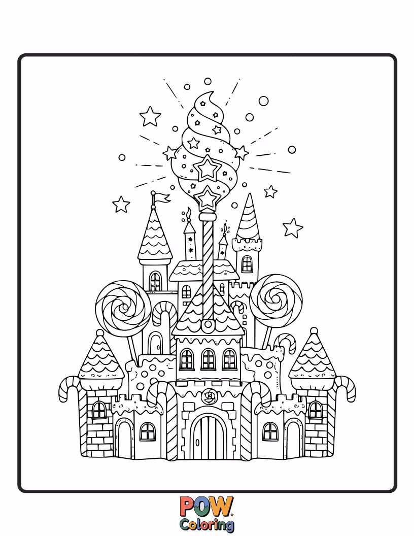 Free coloring page of A whimsical castle made of colorful candy canes and lollipops.