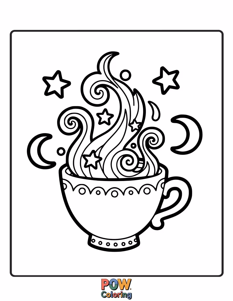 Free coloring page of A teacup overflowing with magical swirls and tiny stars.