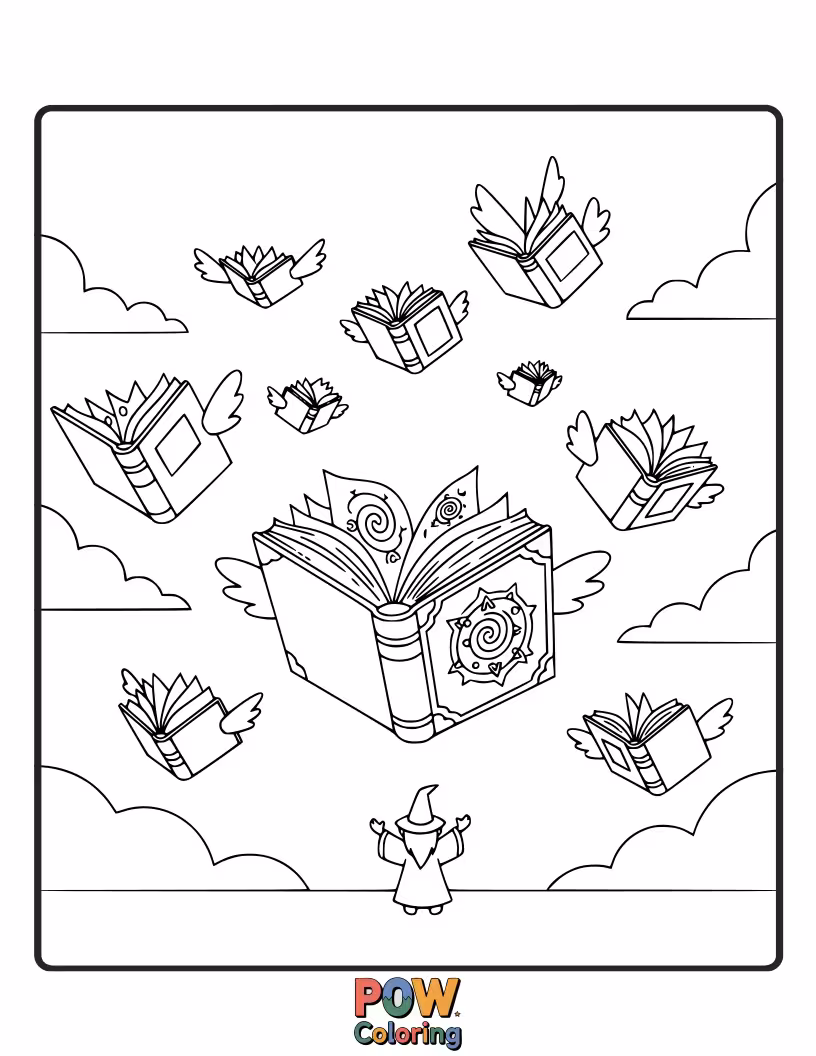 Free coloring page of A stack of spellbooks with tiny wings, soaring joyfully.