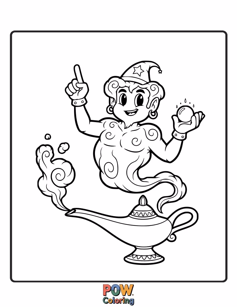 Free coloring page of A happy genie emerging from a sparkly, ornate lamp.