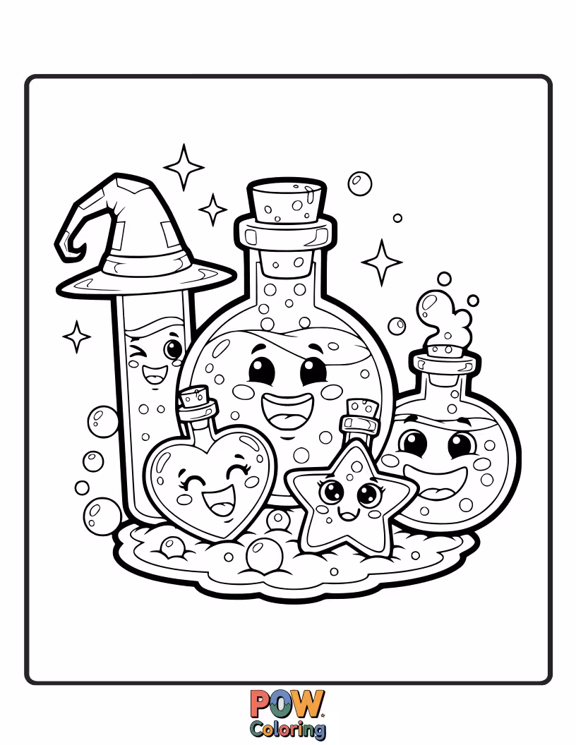 Free coloring page of Two bubbling potions with happy faces, best friends forever.
