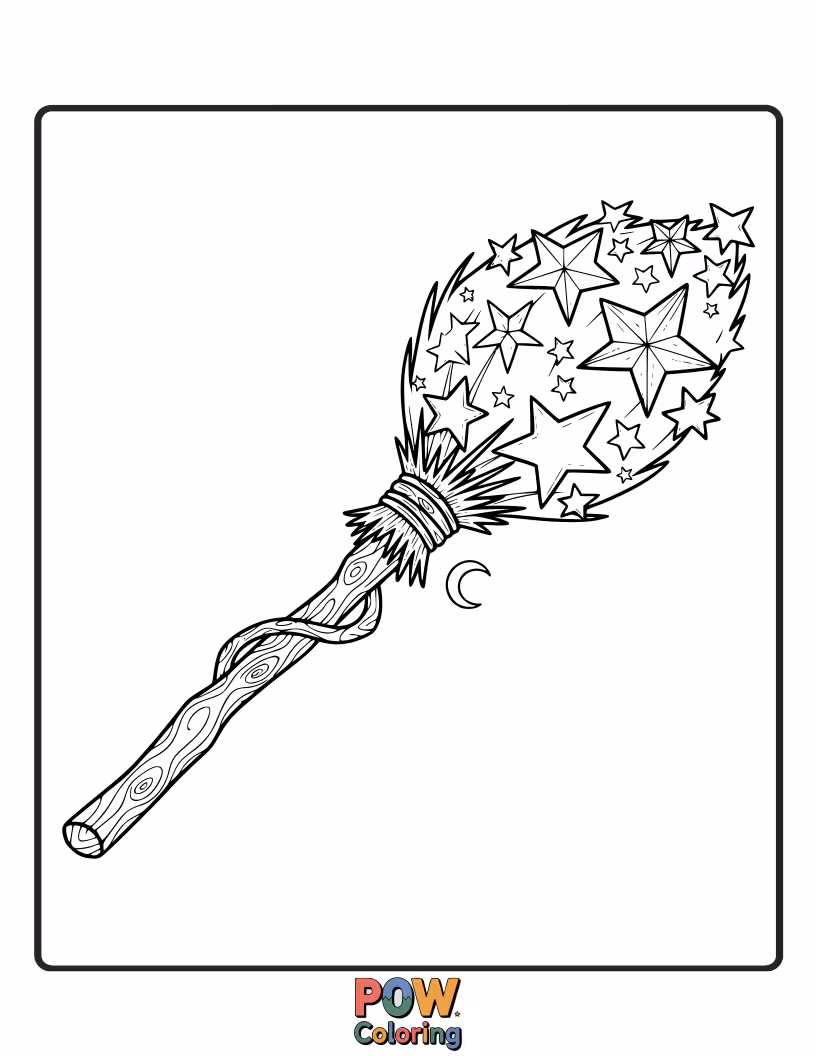 Free coloring page of A broomstick decorated with stars, ready for a cosmic ride.