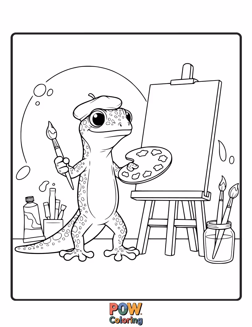 Free coloring page of A creative gecko lizard with a paintbrush and easel, painting a vibrant landscape.