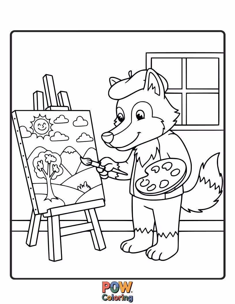 Free coloring page of A creative wolf enthusiastically paints a colorful landscape on a large easel.