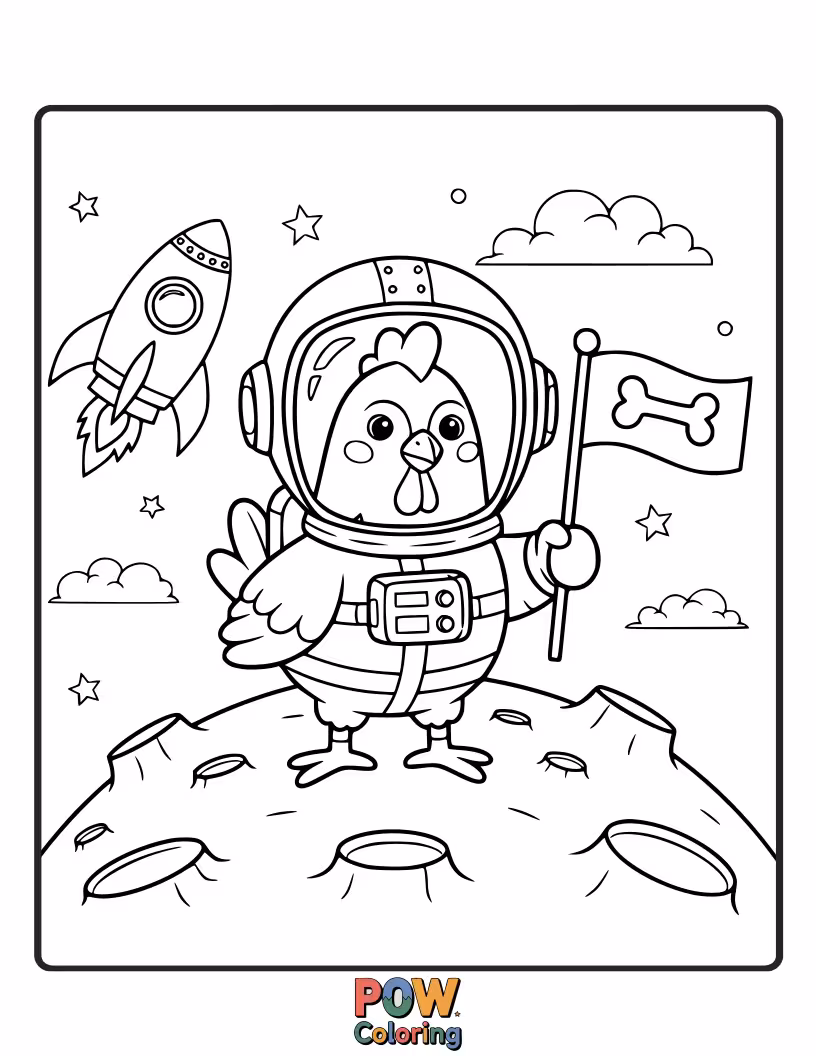 Free coloring page of A brave chicken in a tiny astronaut helmet, planting a flag on a cheesy moon. Explore lunar landscapes!