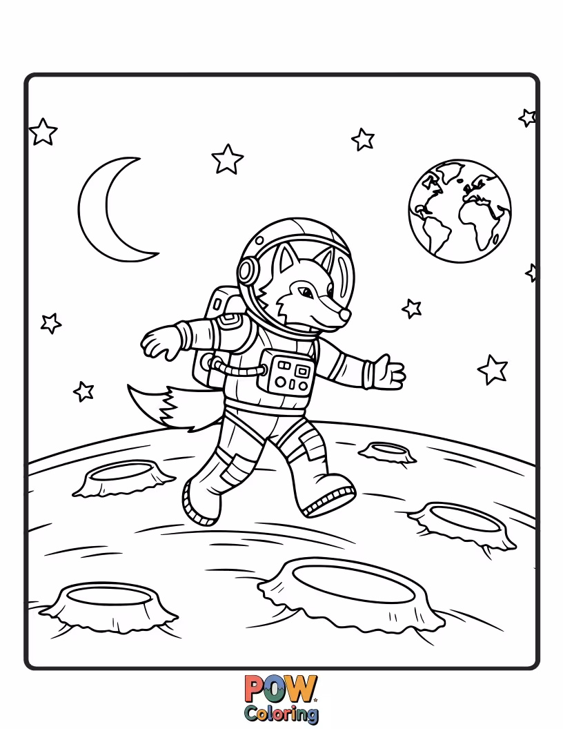 Free coloring page of A brave wolf floats in space, planting a paw print flag on a cheese-like moon.