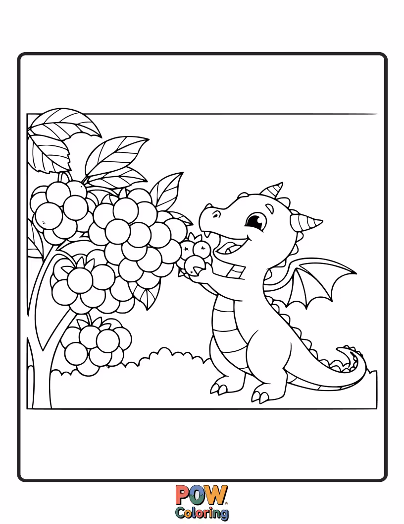 Free coloring page of A happy baby dragon is collecting juicy berries in a tiny basket. A delicious harvest!