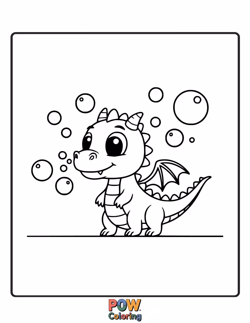 Free coloring page of This little dragon is blowing oversized, rainbow-colored bubbles. Can you color them all before they pop?