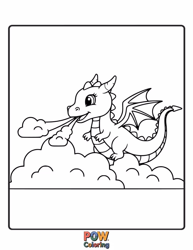 Free coloring page of A creative baby dragon is shaping fluffy clouds into fantastical creatures. What shapes will it make?