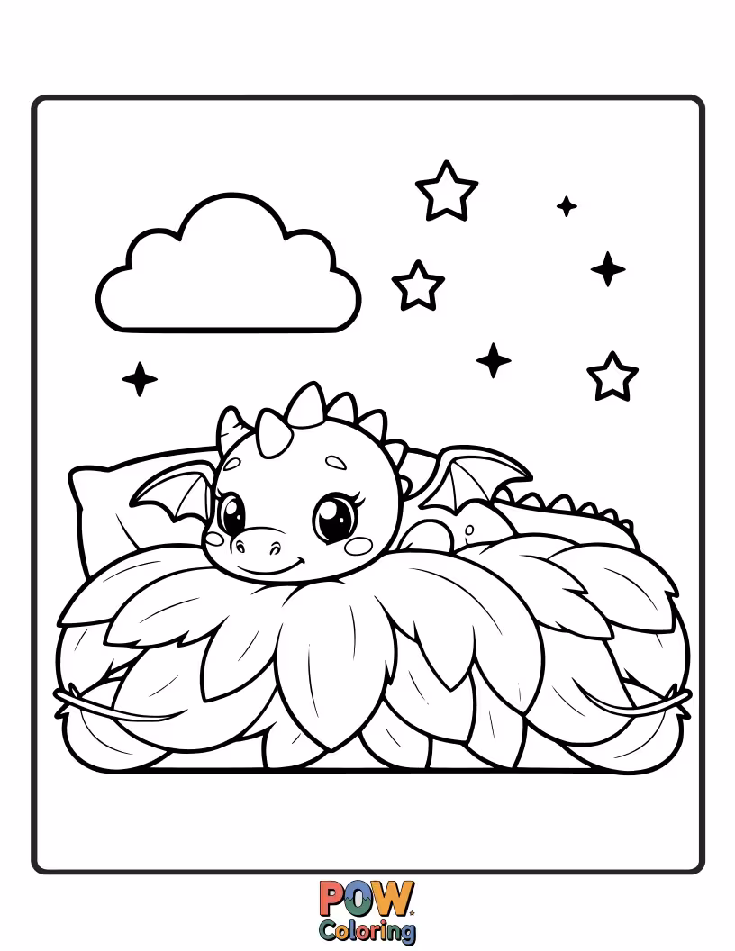 Free coloring page of This pampered dragon is snuggled in a soft, fluffy bed made of giant feathers. Ultimate comfort.