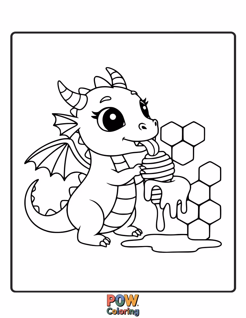 Free coloring page of This happy dragon is enjoying a sticky, delicious feast of dripping honey. So sweet!