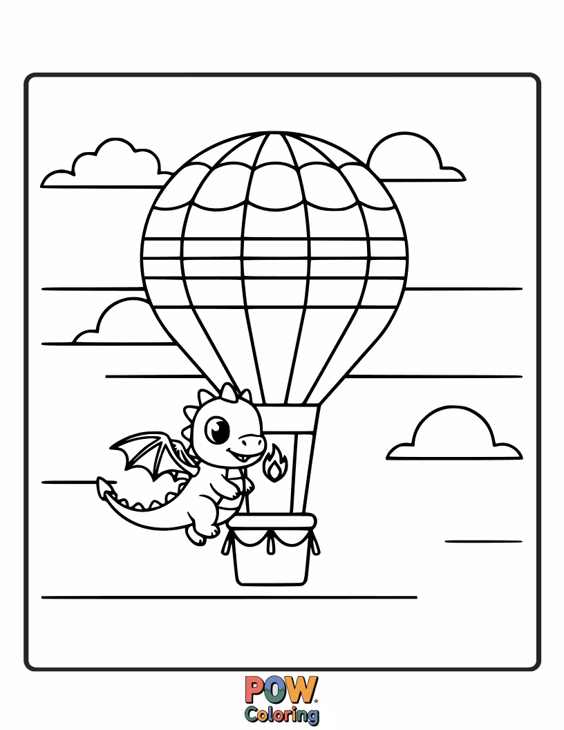 Free coloring page of A curious baby dragon peeks out from a colorful hot air balloon, ready for adventure. Up, up, away!