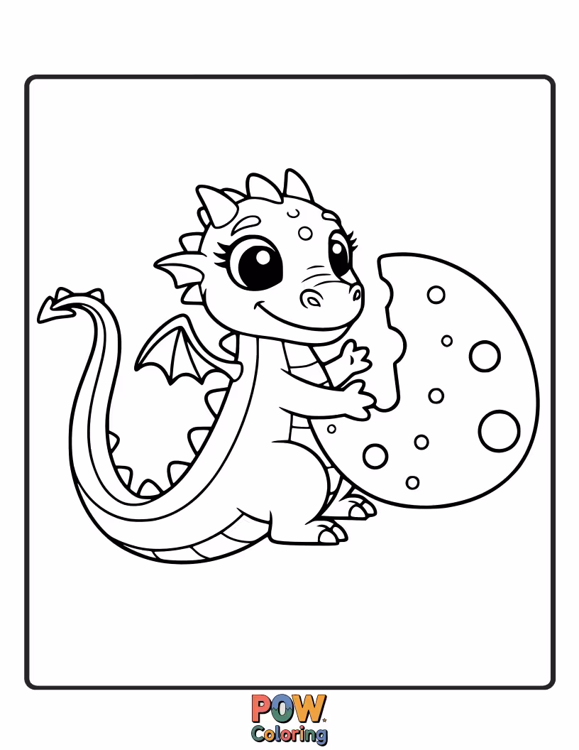 Free coloring page of A funny baby dragon nibbles on a slice of the moon, believing it's made of cheese!