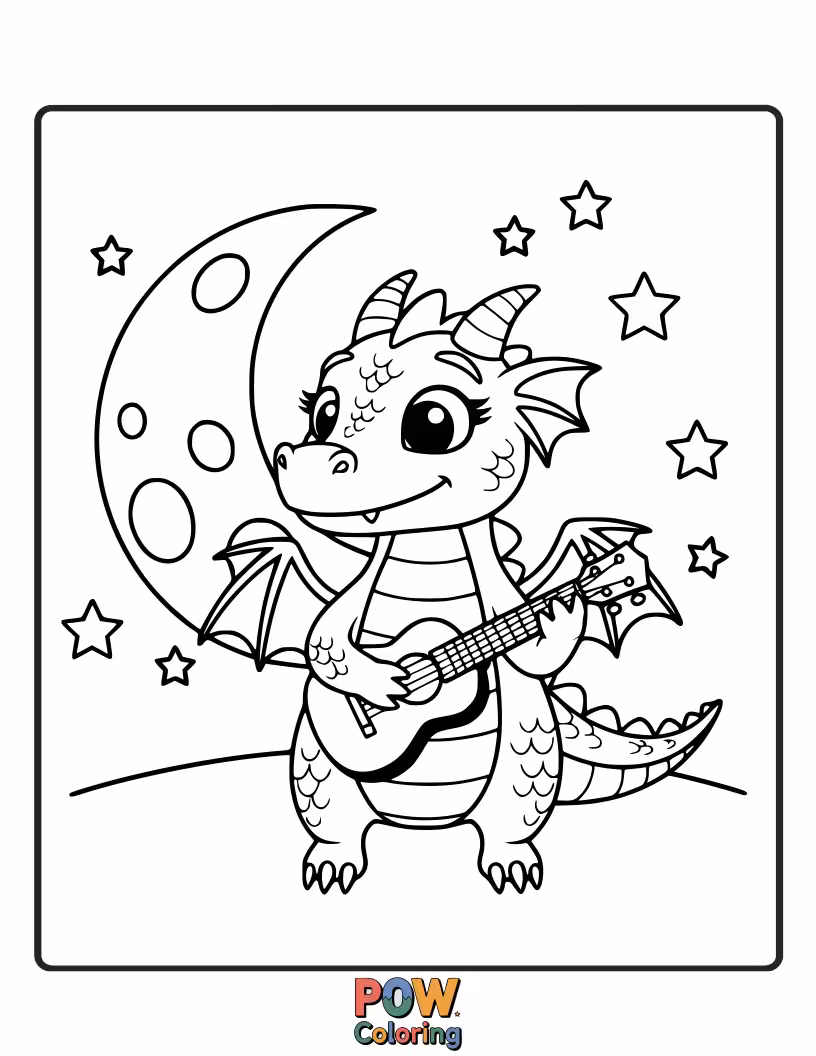 Free coloring page of A musical baby dragon plays a tiny flute under a crescent moon. Serenade the night!