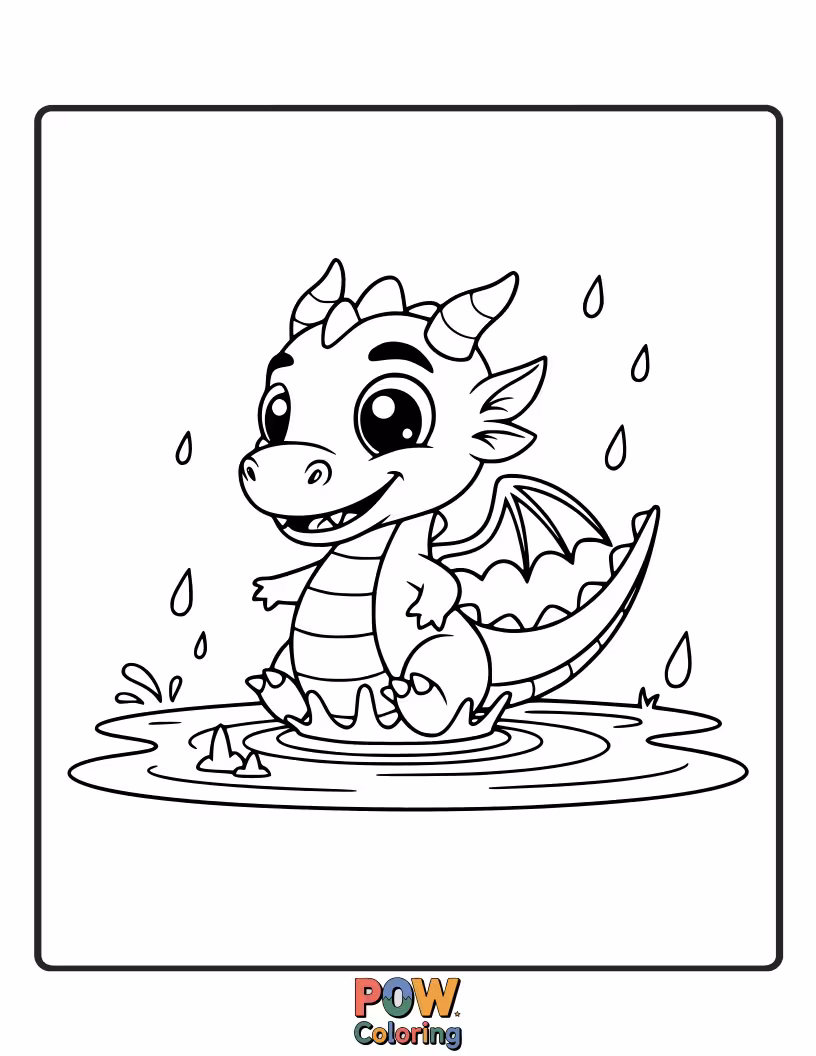Free coloring page of A cute dragon peeks out from under a giant mushroom, watching colorful raindrops fall. Cozy indoors.
