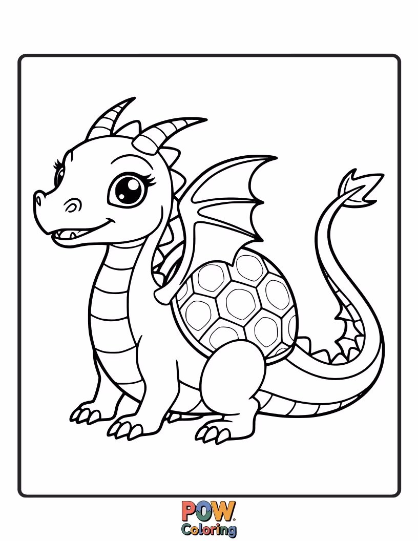 Free coloring page of This little dragon is admiring a beautifully patterned seashell, perhaps found on a magical beach.