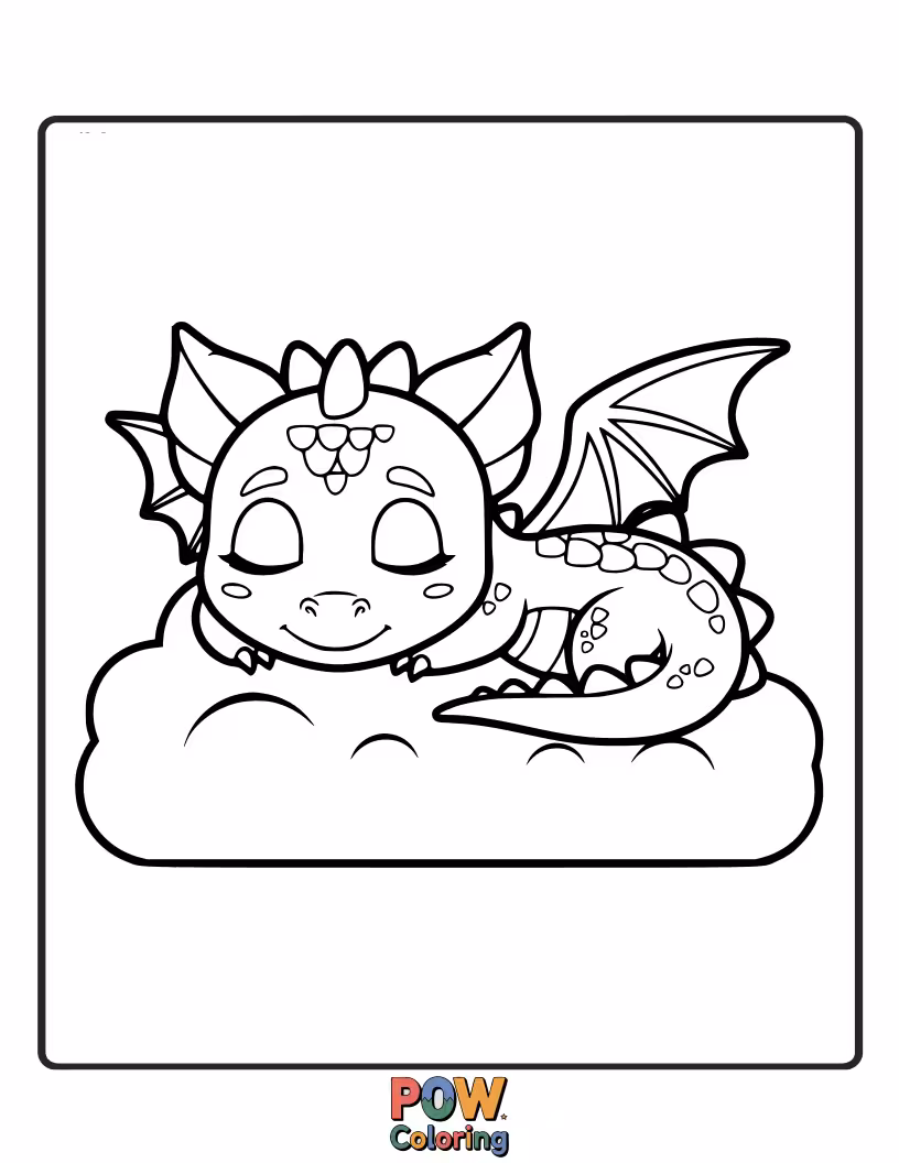Free coloring page of A tiny dragon is fast asleep, curled up with a fluffy cloud. Sweet dreams of endless meadows!