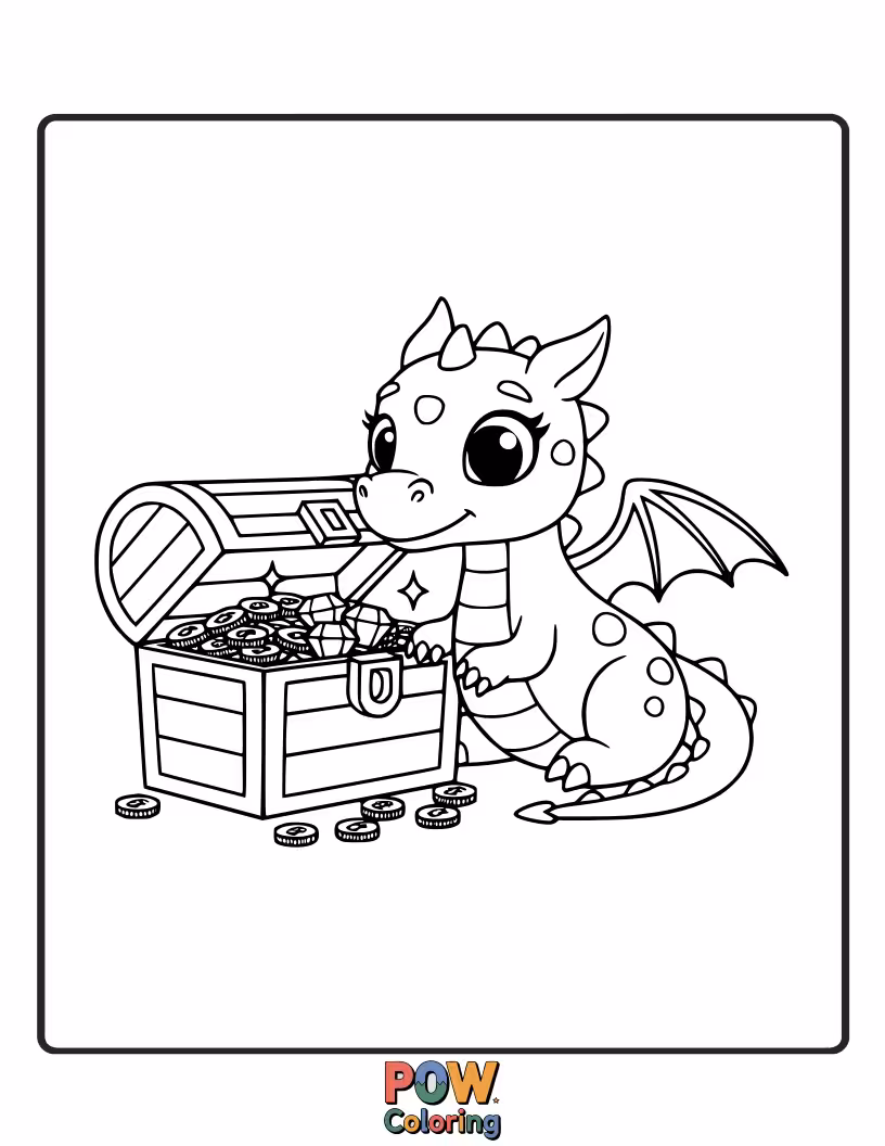 Free coloring page of A brave baby dragon has discovered a chest overflowing with sparkling gold and jewels. Rich!