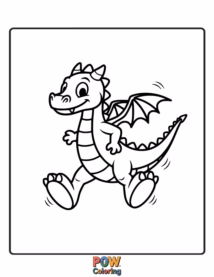 Free coloring page of This adorable baby dragon is taking its first wobbly steps, full of determination and charm.