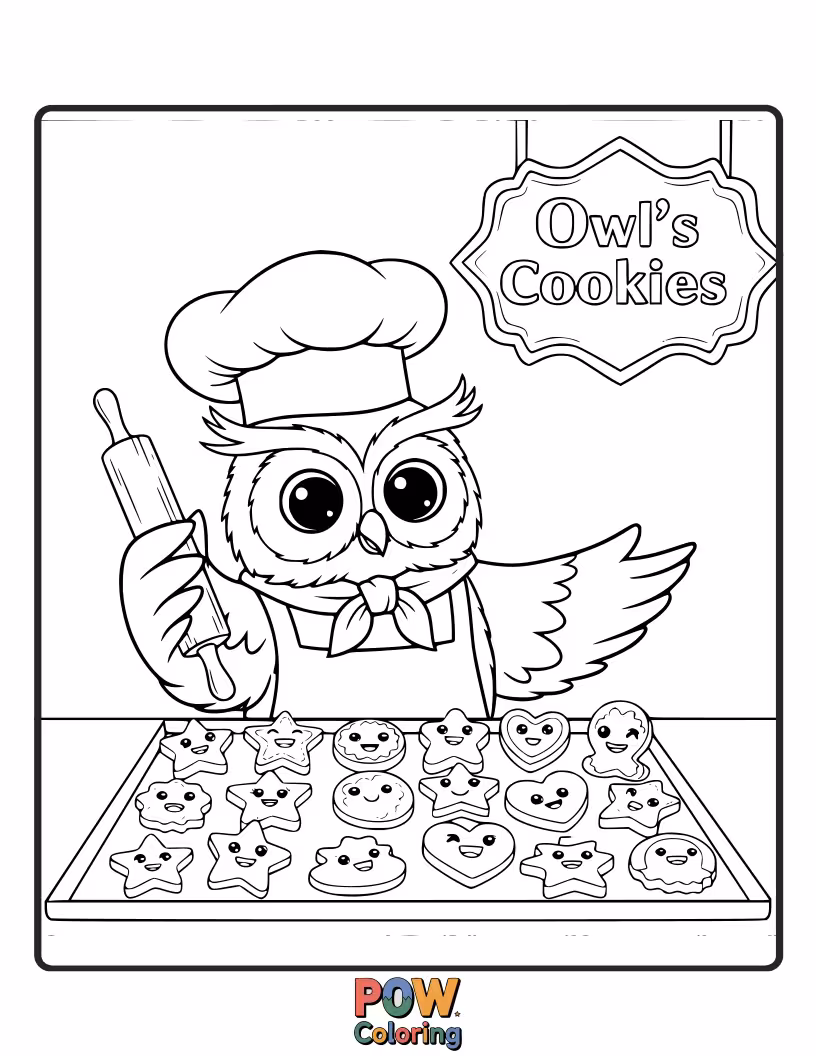 Free coloring page of A cheerful owl with flour on its nose, holding a tray of freshly baked cookies.