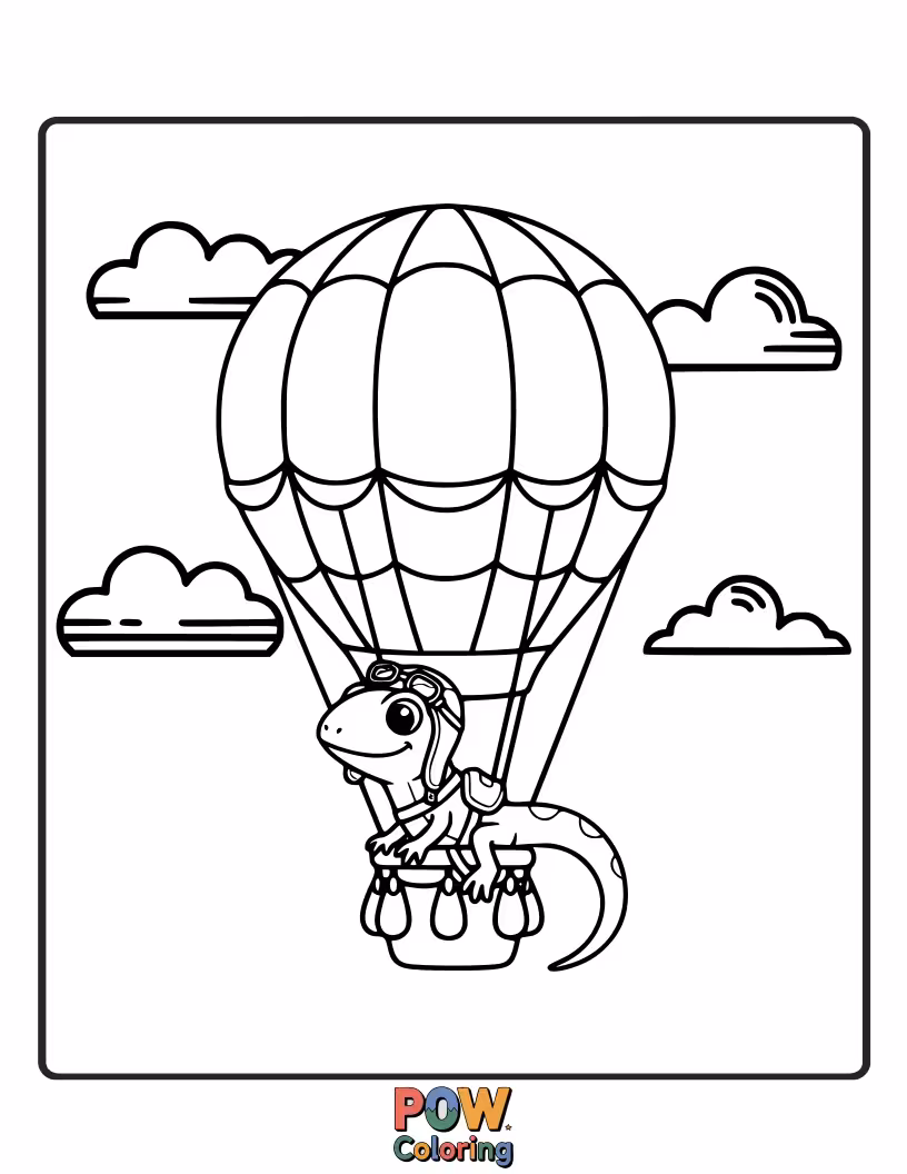 Free coloring page of A tiny lizard happily floating through the sky, holding onto colorful balloons.