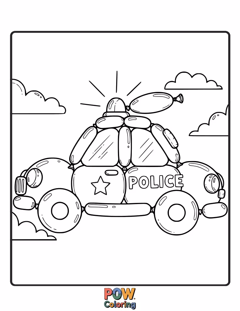 Free coloring page of Balloons police car, floating on a cloud of happy balloons, bringing smiles and assistance from above!