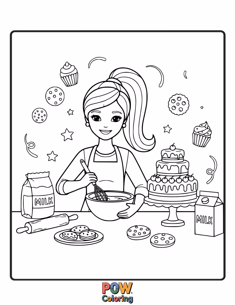 Free coloring page of Barbie, apron on and chef hat askew, happily decorates a rainbow cake, surrounded by sprinkles and frosting.
