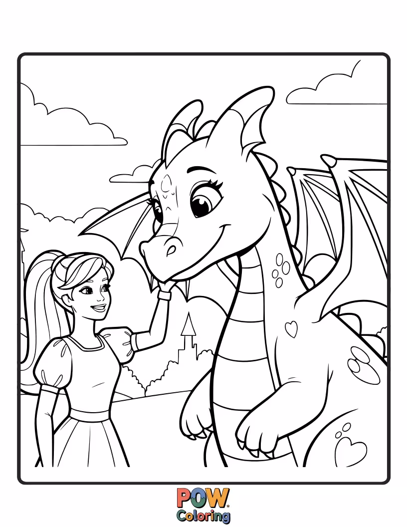 Free coloring page of Barbie bravely befriends a gentle, smiling dragon, sharing a picnic basket high up in the clouds.