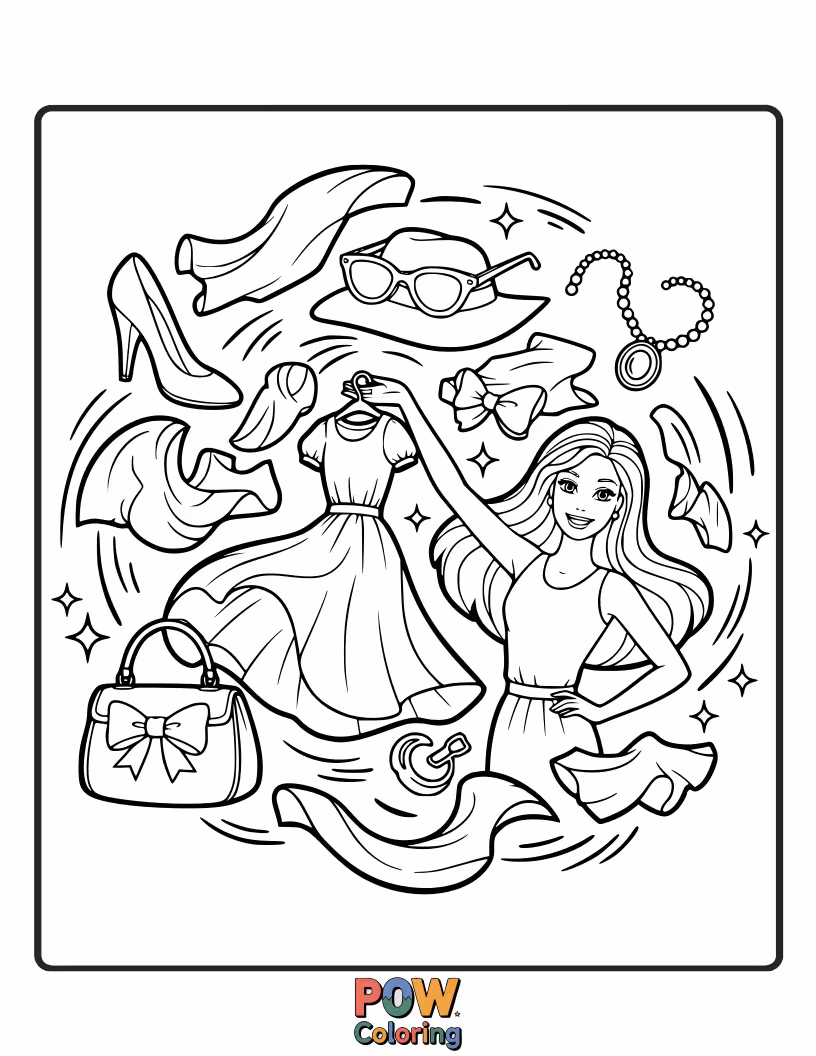 Free coloring page of Barbie is surrounded by an explosion of fabulous outfits, shoes, and accessories, designing her next iconic look.