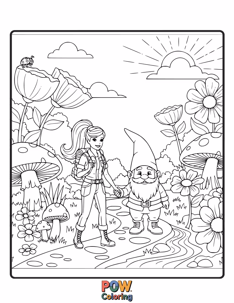 Free coloring page of Barbie discovers a tiny, magical world filled with friendly garden gnomes tending to oversized flowers and sparkling mushrooms.