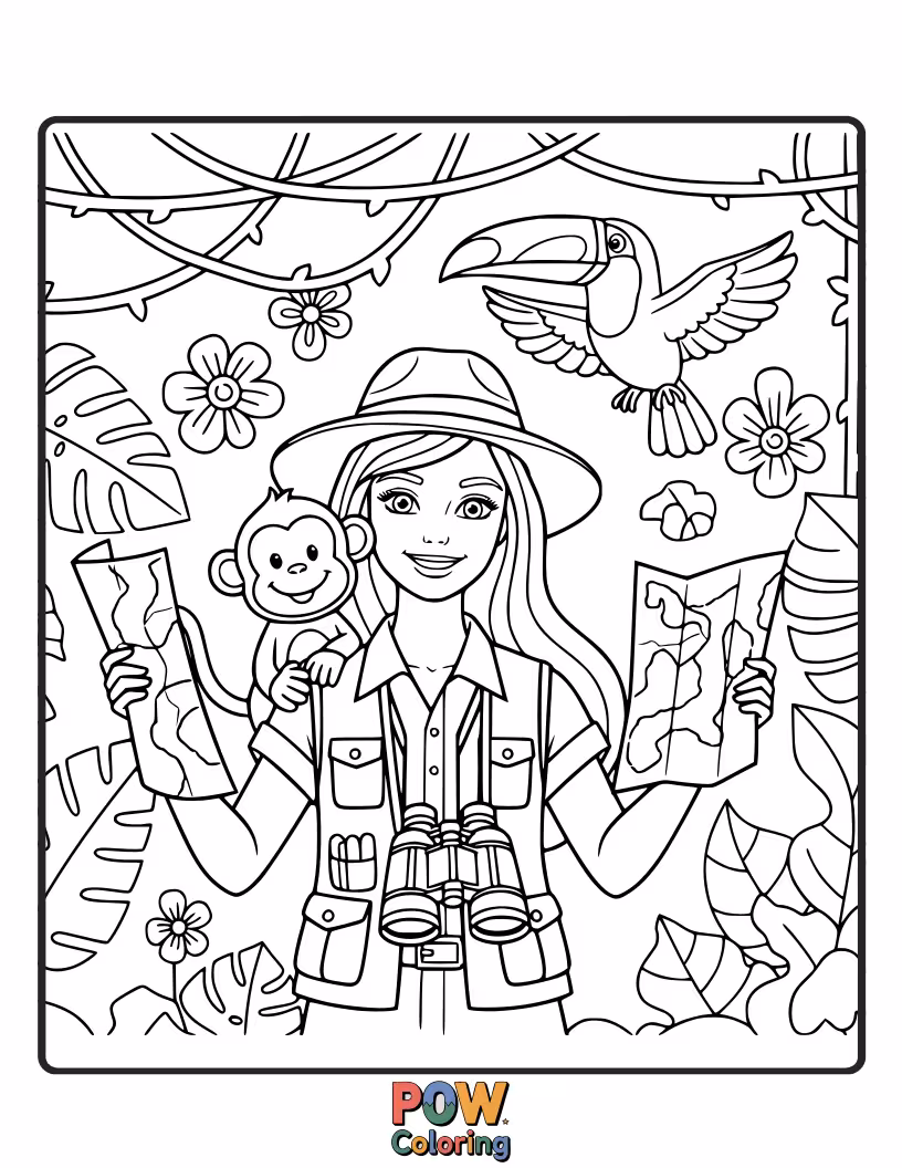 Free coloring page of Barbie, in safari gear, swings through lush jungle vines, greeted by chattering monkeys and vibrant tropical birds.
