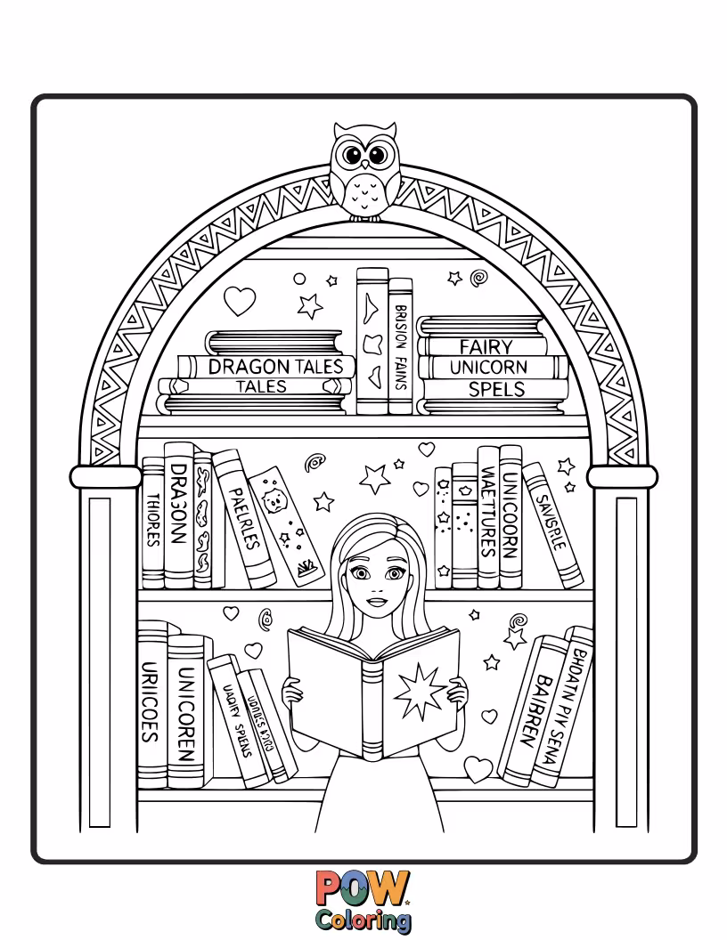 Free coloring page of Barbie opens a secret book in a whimsical library, releasing floating stories and enchanted characters.