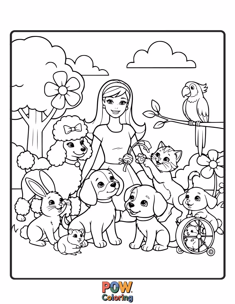 Free coloring page of Barbie cuddles a menagerie of adorable puppies, kittens, and bunnies, all looking up at her with love.