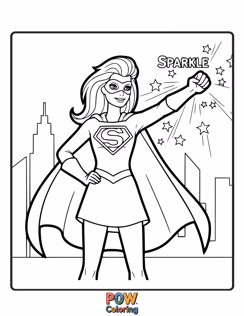 Free coloring page of Barbie dons a dazzling superhero costume, ready to save the day with a smile and a sprinkle of magic.