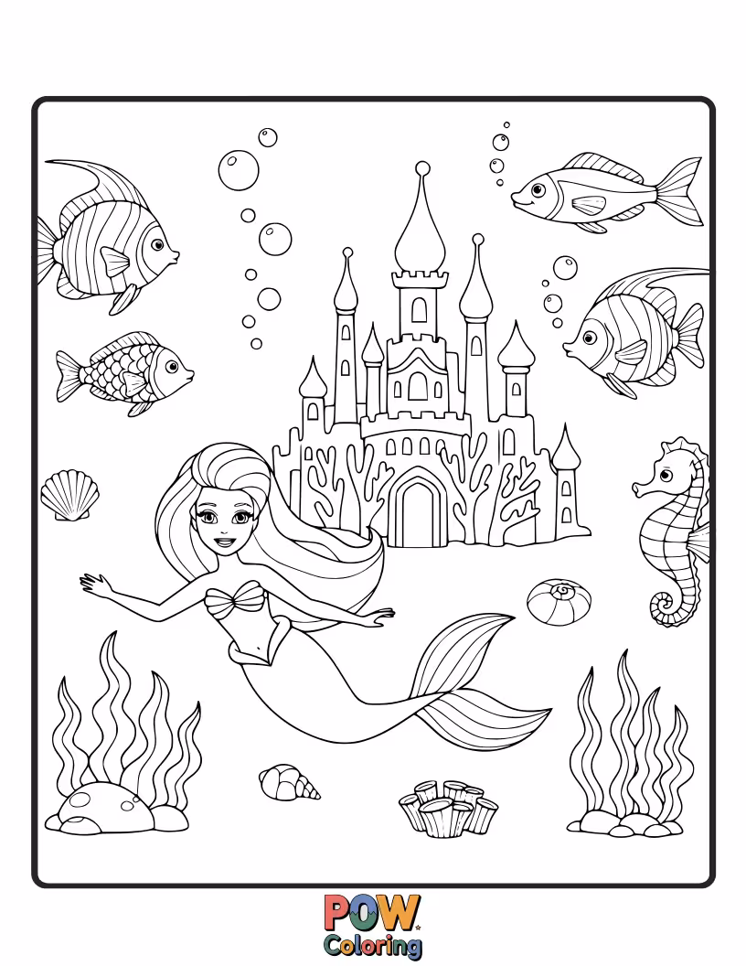 Free coloring page of Barbie swims gracefully with mermaids and friendly sea creatures in a vibrant coral reef bursting with color.