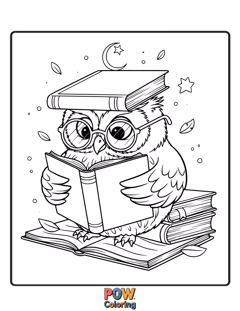 Free coloring page of An intelligent owl perched on a stack of books, spectacles on its beak, lost in a story.
