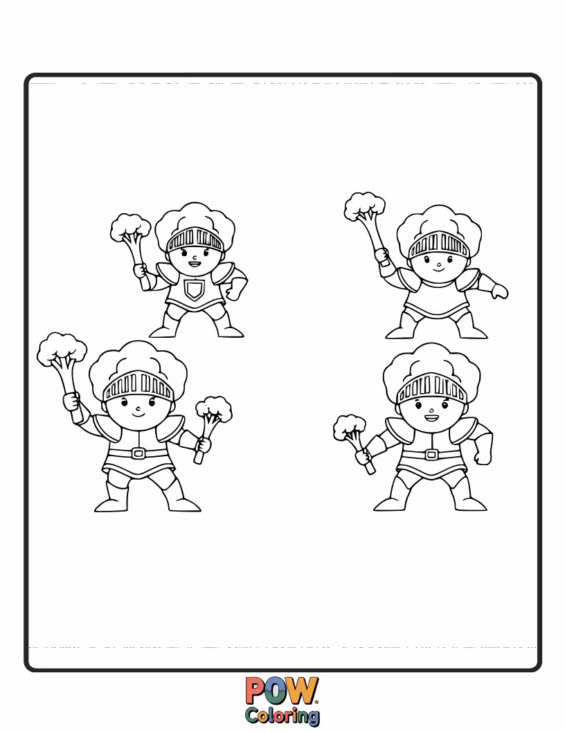 Free coloring page of Mighty broccoli florets dressed as knights, bravely defending their castle made of a giant pumpkin.