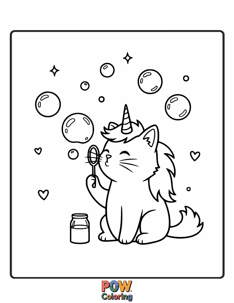 Free coloring page of A happy unicorn cat blowing iridescent bubbles that float upwards, each containing a tiny sparkling gem or a mini rainbow.
