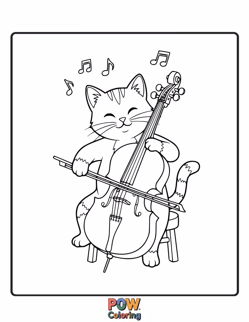 Free coloring page of A cool cat in sunglasses expertly playing a cello while giving a thumbs-up. Stylish, funny, and musically talented.