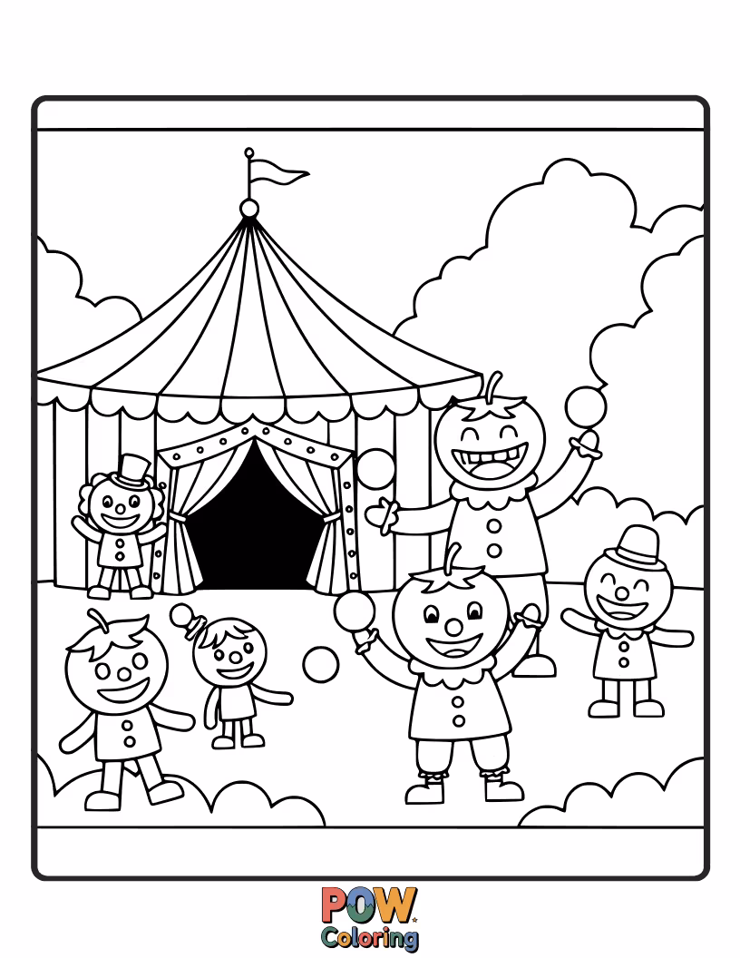 Free coloring page of A vibrant circus tent made of cherry tomatoes, with tiny acrobatic peas performing daring feats.