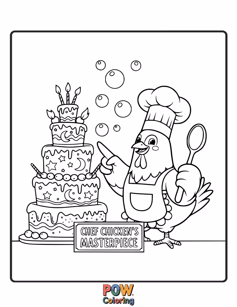 Free coloring page of A cheerful chicken in a chef's hat, proudly presenting a giant cookie. Get creative with delicious frosting colors!