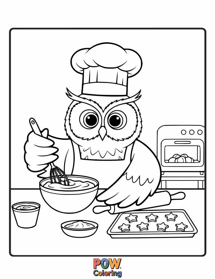 Free coloring page of A cute owl in a chef's hat, proudly holding a freshly baked cookie.