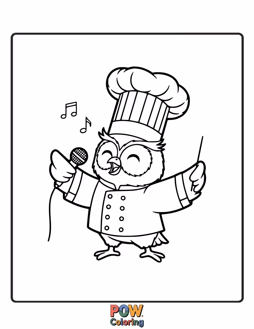 Free coloring page of A goofy owl wearing a chef's hat, belting out a tune with a spatula.