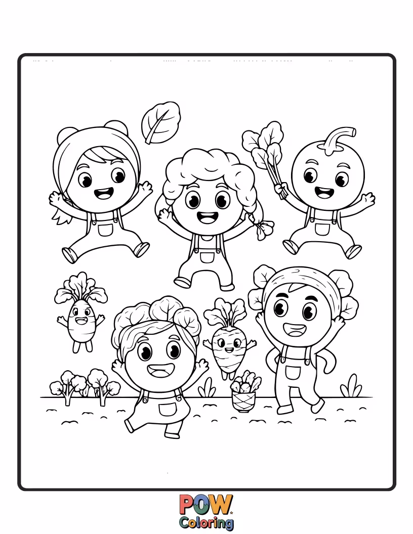 Free coloring page of A group of adorable, miniature vegetables with big eyes, happily posing together for a fun coloring adventure.