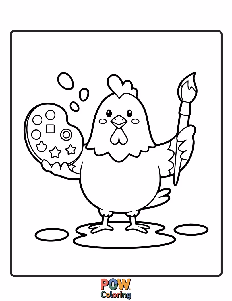 Free coloring page of A creative chicken holding a paintbrush and a colorful palette. Let your imagination run wild with artistic expression.