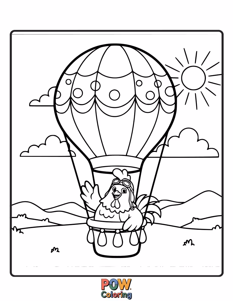 Free coloring page of A whimsical chicken floating gently upwards, holding onto a bunch of colorful balloons. Imagine the serene journey.