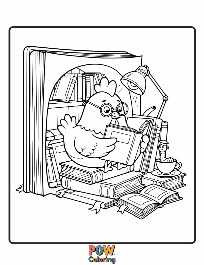 Free coloring page of A studious chicken engrossed in a large book, surrounded by stacks of literature. Bring this intellectual scene to life.