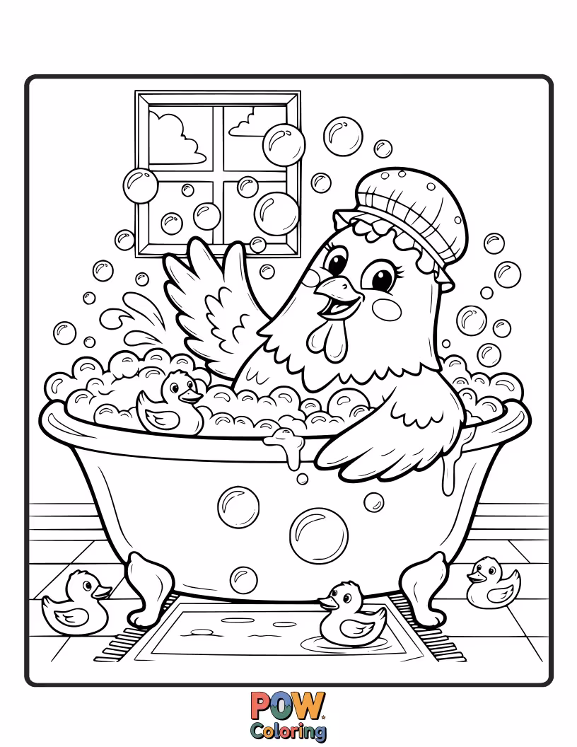 Free coloring page of A giggling chicken splashing in a bubbly bathtub, surrounded by rubber ducks. Create a cheerful, sudsy scene.